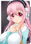  :3 between_breasts blush breasts finger_to_mouth hand_between_breasts headphones large_breasts long_hair looking_at_viewer nitroplus pink_eyes pink_hair sei_(6862879) solo super_sonico 