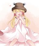  :d after_sex bad_id bad_pixiv_id blanket blush closed_eyes clutching_blanket commentary fang hair_ribbon hammer_(sunset_beach) hat heart long_hair moriya_suwako open_mouth ribbon sitting smile solo strap_slip touhou 