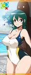  breasts cleavage competition_swimsuit covered_nipples green_eyes green_hair highres huge_breasts one-piece_swimsuit original poolside shadow short_hair swimsuit wide_hips yunioshi 