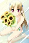  absurdres beach bikini blonde_hair bouquet clarissa_satsuki_maezono flower hair_ribbon highres honeycoming_royalsweet long_hair matsushita_makako ocean outdoors pink_eyes ribbon side-tie_bikini sitting smile solo sunflower swimsuit wariza water white_bikini 