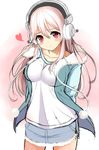  bad_id bad_pixiv_id blush breasts headphones heart large_breasts long_hair looking_at_viewer nitroplus pink_hair pom_pom_(clothes) razuchi red_eyes solo super_sonico 