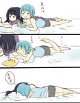  =_= akemi_homura bed black_hair blue_hair book camisole chips closed_eyes food hair_ornament hairband hairclip long_hair lying mahou_shoujo_madoka_magica miki_sayaka multiple_girls nori_senbei pajamas pillow potato_chips purple_eyes reading short_hair shorts sleeping yuri zzz 