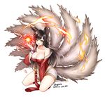  ahri animal_ears black_hair breasts cleavage detached_sleeves dress fire fox_ears fox_tail jeongmito korean_clothes large_breasts league_of_legends long_hair long_sleeves looking_at_viewer multiple_tails open_mouth smile solo tail white_background yellow_eyes 