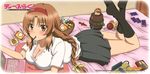  bed braid breasts brown_eyes brown_hair candy card cleavage computer crossed_legs d-frag! food hairband highres kazama_kenji laptop large_breasts long_hair looking_at_viewer lying official_art on_stomach playing_card pocky pop-up_pirate school_uniform skirt takao_(d-frag!) 