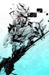  aqua_background armor cyborg eyepatch gradient gradient_background ikuyoan male_focus metal_gear_(series) metal_gear_rising:_revengeance monochrome official_style raiden red_eyes shinkawa_youji_(style) solo spot_color white_background 