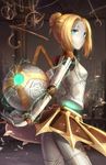  android blonde_hair blue_eyes brown_skirt doll_joints electricity frown hair_bun kyurin_(sunnydelight) league_of_legends orb orianna_reveck robot skirt solo 