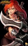  2gold belt black_background black_gloves dagger dual_wielding gloves green_eyes holding holding_weapon jewelry katarina_du_couteau league_of_legends long_hair long_sleeves looking_to_the_side necklace open_mouth pants red_hair scar smirk solo weapon 