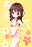  blush bow bow_bra bra brown_eyes brown_hair heart heart_print long_hair looking_at_viewer navel original panties print_panties red_bow side-tie_panties solo strap_slip takasaki_yuuki underwear underwear_only 