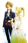  1boy 1girl bare_shoulders belt blonde_hair blue_eyes bracelet breasts brown_eyes brown_hair cless_alvein cravat dress gloves jacket jewelry k-mame long_hair mint_adenade necklace pants ponytail short_hair smile tales_of_(series) tales_of_phantasia 