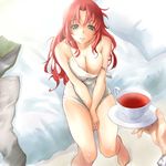  barefoot bed_sheet black_tea blue_eyes blush breasts cleavage covered_nipples cup hi-yo hong_meiling large_breasts long_hair looking_at_viewer open_mouth red_hair saucer sitting smile solo_focus strap_slip tea teacup touhou v_arms wrist_cuffs 