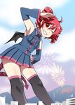  ahoge black_legwear caffein detached_sleeves drill_hair fireworks giantess grin hand_on_hip kasane_teto looking_at_viewer one_eye_closed pleated_skirt red_eyes red_hair skirt smile solo tail thighhighs twin_drills twintails utau wings 