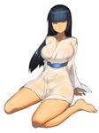  barefoot black_hair blue_eyes breasts highres hime_cut japanese_clothes kimono kinu-numa_no_hataorihime large_breasts long_hair manga_nippon_mukashi_banashi panties sash see-through sitting smile solo underwear wadani_hitonori wariza 