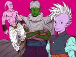  antennae arm_guards black_eyes black_sclera cape claptrack crossed_arms dragon_ball dragon_ball_z earrings evil_grin evil_smile floating full_body green_skin grin hat high_collar jewelry kaioushin looking_at_viewer majin_buu male_focus mohawk multiple_boys muscle piccolo pink_background pink_skin pointy_ears purple_skin red_eyes simple_background smile turban upper_body white_hair 