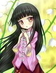  :o bad_id bad_pixiv_id black_hair blush bow fingernails flower hands_clasped head_tilt hime_cut houraisan_kaguya interlocked_fingers japanese_clothes lily_of_the_valley long_hair long_sleeves looking_at_viewer orange_eyes own_hands_together solo tonakai_(bunsuka) touhou very_long_hair yellow_background 