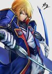  blazblue blonde_hair gloves green_eyes jin_kisaragi male_focus military military_uniform scabbard sheath solo sowel_(sk3) sword uniform weapon white_gloves yukianesa 