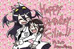  2girls artist_name black_hair blush brown_hair carol_(skullgirls) closed_eyes commentary dated english filia_(skullgirls) happy_birthday long_hair multiple_girls necktie nyoro_mutou open_mouth painwheel_(skullgirls) samson_(skullgirls) scar school_uniform skullgirls smile tongue tongue_out yellow_eyes 