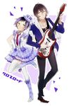  1girl bad_id bad_pixiv_id black_hair couple electric_guitar green_eyes guitar hat hetero instrument ioko jewelry mihama_kouji multicolored_hair necklace pretty_(series) pretty_rhythm pretty_rhythm_rainbow_live purple_hair smile suzuno_ito yellow_eyes 