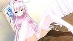  1girl artist_request character_request endless_dungeon game_cg green_eyes hair_ribbon indoors kinta_(distortion) long_hair note_rueme nurse panties ribbon solo source_request thighhighs underwear white_hair 