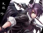  breasts eyepatch fingerless_gloves gloves headgear kantai_collection large_breasts left-handed necktie purple_hair school_uniform short_hair sleeves_rolled_up smile solo sowel_(sk3) sword tenryuu_(kantai_collection) weapon yellow_eyes 