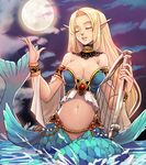  bare_shoulders blonde_hair breasts cleavage closed_eyes full_moon large_breasts lips long_hair mermaid monster_girl moon navel original parted_lips qbspdl smile solo 