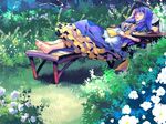  bad_id bad_pixiv_id barefoot book breasts cleavage closed_eyes dress flower highres layered_dress lying medium_breasts princess_(sekaiju) purple_hair sekaiju_no_meikyuu sekaiju_no_meikyuu_3 sleeping solo tubameraamen 