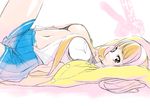  arched_back blonde_hair breasts cardigan character_name kise_yayoi leg_up looking_at_viewer lying medium_breasts navel no_bra on_back open_clothes open_shirt pleated_skirt precure school_uniform shirt simple_background skirt smile_precure! solo white_background yasuda_suzuhito 