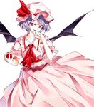  apple ascot banned_artist bat_wings food fruit hat hat_ribbon kozou_(soumuden) looking_at_viewer mob_cap open_mouth puffy_sleeves purple_hair red_eyes remilia_scarlet ribbon sash shirt short_hair short_sleeves simple_background skirt skirt_set smile solo touhou vest white_background wings 