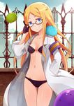  adjusting_eyewear ass_visible_through_thighs black_bra black_panties blonde_hair blue_eyes bra breasts glasses gloves groin hand_in_pocket kurukuru_(sekai_seifuku) labcoat lens_flare long_hair looking_at_viewer mmrailgun natasha_(sekai_seifuku) navel open_clothes panties parted_lips sekai_seifuku:_bouryaku_no_zvezda shiny shiny_skin small_breasts solo thigh_gap underwear 