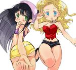  2girls ass bebe_stevens beret black_hair blonde_hair blue_eyes breasts cleavage green_eyes hat long_hair multiple_girls short_shorts shorts south_park wendy_testaburger 