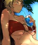  adapted_costume bakuya bandeau bikini_top blonde_hair blue_hawaii blush breasts cherry cleavage dappled_sunlight drink drinking drinking_straw food fruit highres large_breasts leaning_back looking_at_viewer o-ring o-ring_top sitting sketch slit_pupils smile solo sunlight toramaru_shou touhou tree tropical_drink underboob upper_body yellow_eyes 