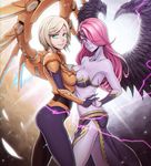  aqua_eyes armpits blonde_hair blush breast_press breasts hair_over_one_eye headband holding_hands kayle leaf98k league_of_legends looking_at_viewer mechanical_wings morgana multiple_girls pink_eyes pink_hair purple_skin siblings sisters smile symmetrical_docking wings 