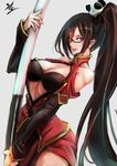  :&lt; bare_shoulders black_hair blazblue breasts china_dress chinese_clothes cleavage cleavage_cutout dress glasses hair_ornament lao_jiu large_breasts lips litchi_faye_ling long_hair panda polearm red_eyes semi-rimless_eyewear side_ponytail side_slit smile solo sowel_(sk3) under-rim_eyewear very_long_hair weapon 