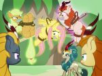  2018 angry applejack_(mlp) autumn_blaze_(mlp) bdsm bondage bound damsel_in_distress domination equine female female_domination fluttershy_(mlp) friendship_is_magic gag group hands_behind_back horse kirin levitation magic mammal my_little_pony pegasus pony queen_rain_shine_(mlp) radiantrealm rope rope_bondage tape telekinesis wings 