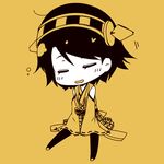  chibi closed_eyes hairband hiei_(kantai_collection) japanese_clothes kantai_collection kouji_(campus_life) lowres monochrome nontraditional_miko short_hair skirt smile solo yellow 