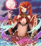 breasts cleavage drill_hair full_moon harp instrument large_breasts lips long_hair looking_at_viewer mermaid monster_girl moon navel original pointy_ears qbspdl red_eyes red_hair red_moon solo 