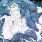  absurdres animal aquarian_age crown dragon dress highres horns jewelry kawaku long_hair looking_up ribbon royal solo tiara white_dress white_hair yellow_eyes 