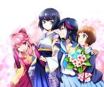  ;d alternate_hairstyle arm_holding black_hair blue_eyes blue_skirt blush bouquet bow brown_eyes brown_hair diploma eyebrows flower graduation hair_bow hakama hand_on_another's_shoulder highres jakuzure_nonon japanese_clothes kill_la_kill kimono kiryuuin_satsuki locked_arms long_hair mankanshoku_mako matoi_ryuuko multicolored_hair multiple_girls mytyl no_hat no_headwear one_eye_closed open_mouth pink_eyes pink_hair red_hair red_hakama school_uniform serafuku short_hair sidelocks skirt smile spoilers thick_eyebrows tube two-tone_hair 