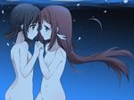  black_eyes black_hair blue_eyes brown_hair eye_contact folded_hair hair_rings holding_hands interlocked_fingers long_hair looking_at_another mukaido_manaka multiple_girls nagi_no_asukara nude shiodome_miuna twintails underwater verjuice yuri 