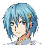  blue_eyes blue_hair eyebrows hair_ornament hairclip lowres mahou_shoujo_madoka_magica miki_sayaka mist_rex negresco parody short_hair smile solo style_parody super_robot_wars super_robot_wars_k 