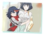  alternate_hairstyle bag black_hair blue_eyes blue_skirt grin hug ikeshita_moyuko kill_la_kill kiryuuin_satsuki matoi_ryuuko multiple_girls photo_(object) scarf shirt skirt smile spoilers 