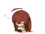  ahoge brown_hair chibi gakushimaya hat hat_removed headwear_removed holding holding_hat kantai_collection kuma_(kantai_collection) long_hair sitting solo 