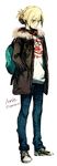  annie_leonhardt backpack bag blonde_hair blue_eyes casual contemporary denim fur_collar half_updo hands_in_pockets jacket jeans pants shingeki_no_kyojin shoes short_hair sneakers solo sorakura_shikiji 