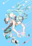  butt_crack colored_eyelashes green_eyes green_hair hatsune_miku highres long_hair panties pi_(pppppchang) side-tie_panties solo spacesuit star striped striped_panties thighhighs twintails underwear very_long_hair vocaloid 