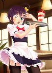  ahoge apron bad_id bad_pixiv_id black_hair black_legwear blue_eyes blush chuunibyou_demo_koi_ga_shitai! eyepatch garter_straps glowing glowing_eye hair_ribbon heterochromia highres looking_at_viewer one_side_up parfait ribbon sawada_yuusuke short_hair skirt solo takanashi_rikka thighhighs tray waist_apron waitress yellow_eyes zettai_ryouiki 