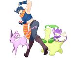  aipom bad_id bad_pixiv_id bayleef blue_hair crossover espeon forked_tail gen_2_pokemon highres jojo_no_kimyou_na_bouken joseph_joestar_(young) kirin62 male_focus midriff poke_ball pokemon pokemon_(creature) scarf tail 