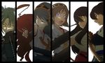  ahoge akagi_(kantai_collection) armor arrow bad_id bad_pixiv_id black_hair blue_eyes bow_(weapon) brown_eyes brown_hair column_lineup gakushimaya gloves glowing glowing_eyes hair_ribbon hairband haruna_(kantai_collection) hiei_(kantai_collection) highres japanese_clothes kaga_(kantai_collection) kantai_collection kuma_(kantai_collection) machinery multiple_girls muneate one_eye_closed open_mouth ponytail red_eyes revision ribbon side_ponytail turret twintails weapon yellow_eyes zuikaku_(kantai_collection) 