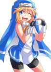  ;d bike_shorts blonde_hair blue_eyes bridget_(guilty_gear) guilty_gear habit heart heart_hands kitayama_miuki male_focus nun one_eye_closed open_mouth otoko_no_ko simple_background smile solo white_background 