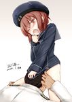  1girl :o admiral_(kantai_collection) artist_name bad_id bad_pixiv_id blush bottomless brown_eyes brown_hair clothes_writing cunnilingus dated hat hetero kantai_collection kimura_shuuichi looking_at_viewer one_eye_closed open_mouth oral petite sailor_collar sailor_hat sexual_harassment short_hair signature simple_background uniform z3_max_schultz_(kantai_collection) 