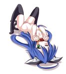  1girl :3 ahoge animal_ears bikini black_legwear blue_hair blush cat_ears cat_tail collar collarbone flat_chest gorakujin green_eyes izumi_konata long_hair looking_at_viewer lucky_star lying mole navel on_back paw_pose solo spread_legs striped striped_bikini striped_swimsuit swimsuit tail thighhighs wink 