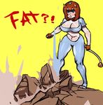  angry blue_eyes blush breasts brown_hair cleavage crop_top fingerless_gloves gen_2_pokemon gloves ground_shatter horns large_breasts midriff miltank pants personification pokemon scathegrapes short_hair solo tail toeless_legwear weight_conscious 